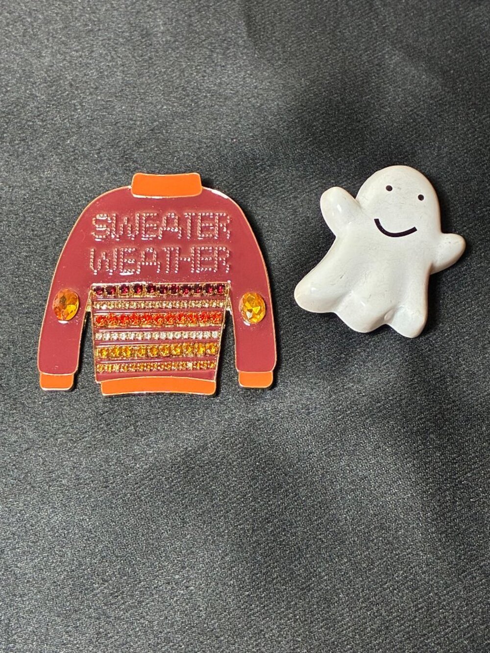 Fall Brooch Lot Rhinestone Sweater Weather Pin & Cute White Ghost